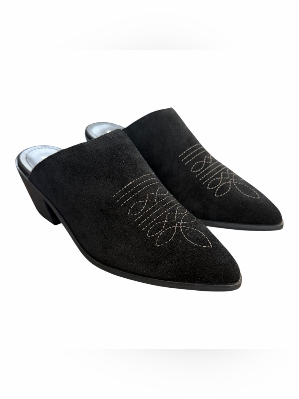 Black Suede Pointed Mule with Decorative Stitching